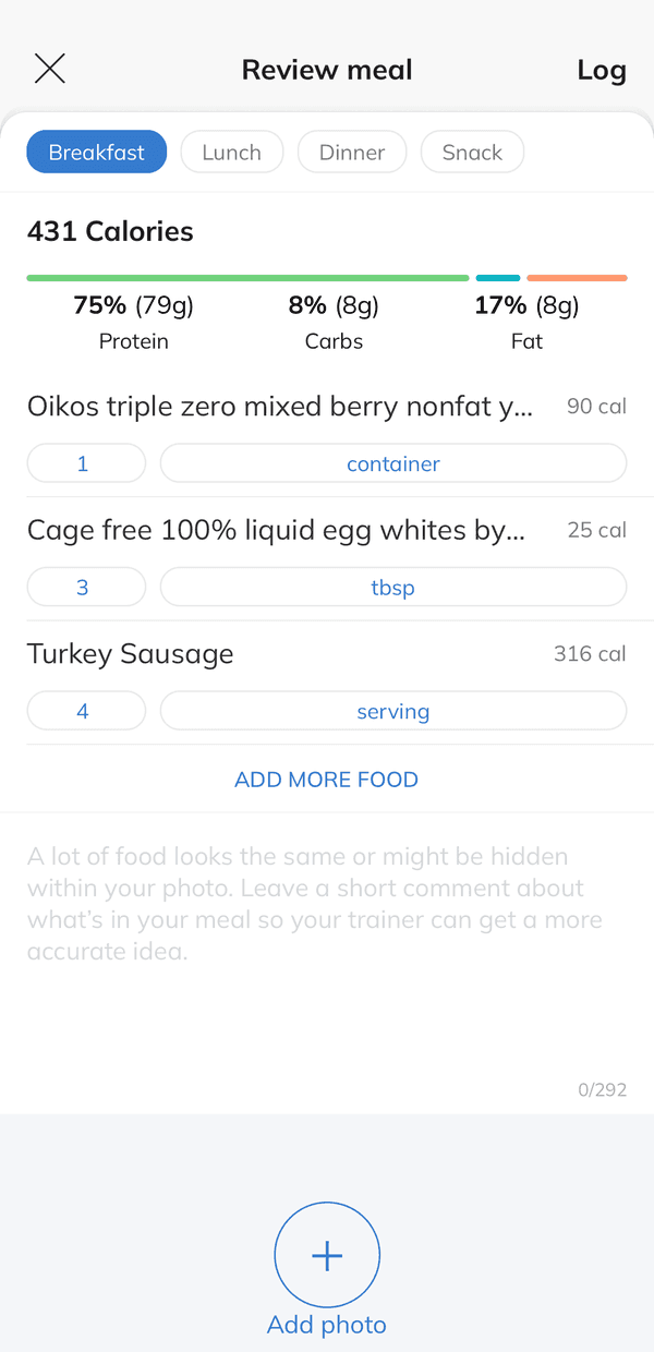 A Trainerize screen headed Review meal with Breakfast selected. It reads 431 calories, broken down as 75 percent protein, 8 percent carbs and 17 percent fat, above three logged items: a yoghurt, liquid egg whites and turkey sausage. A prompt underneath asks for a short comment about what is in the meal.