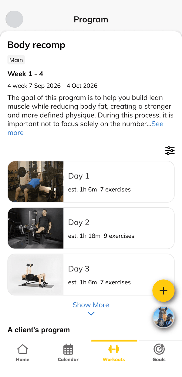 A Trainerize program screen titled Body recomp, tagged Main, running four weeks from 7 September to 4 October 2026. Below the description are three workout days, each with an exercise photo, an estimated length of about an hour and a count of seven to nine exercises. A heading below the list reads A client's program, and the profile photo in the top corner is covered by a plain grey circle.